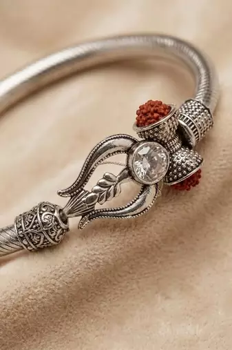 silver plated trishool design rudraksh rakhi bracelet with roli chawal chandan mishri