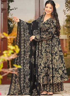 Floral printed muslin v neck navy-blue anarkali set 1