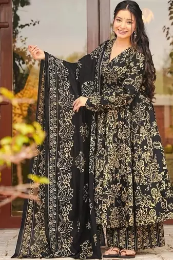 Floral printed muslin v neck navy-blue anarkali set