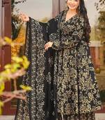 Floral printed muslin v neck navy-blue anarkali set