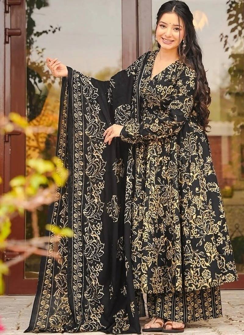 Floral printed muslin v neck navy-blue anarkali set