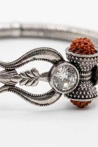 silver plated trishool design rudraksh rakhi bracelet with roli chawal chandan mishri