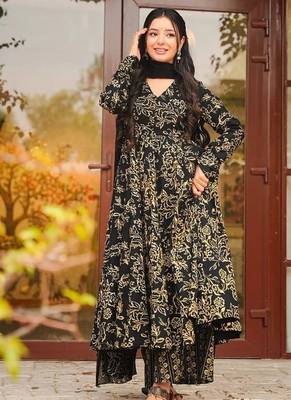 Floral printed muslin v neck navy-blue anarkali set 2