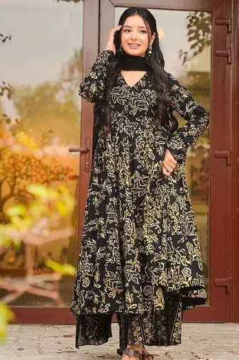 Floral printed muslin v neck navy-blue anarkali set