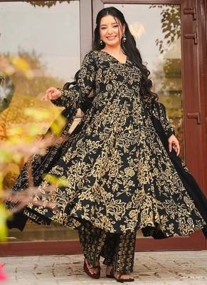 Floral printed muslin v neck navy-blue anarkali set 3