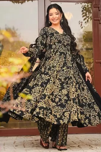 Floral printed muslin v neck navy-blue anarkali set