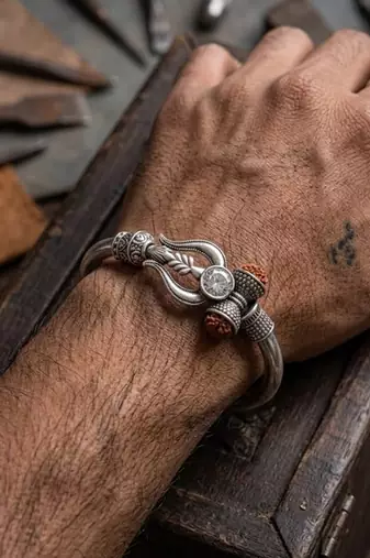 silver plated trishool design rudraksh rakhi bracelet with roli chawal chandan mishri