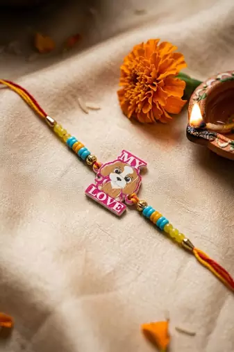 stylish artificial beads kids thread rakhi with roli chawal chandan mishri