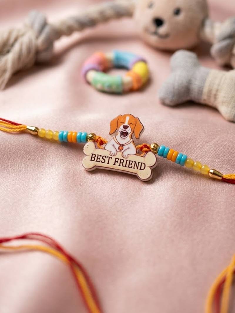stylish artificial beads kids thread rakhi with roli chawal chandan mishri