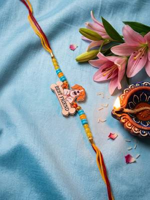stylish artificial beads kids thread rakhi with roli chawal chandan mishri 5