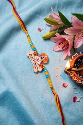 stylish artificial beads kids thread rakhi with roli chawal chandan mishri