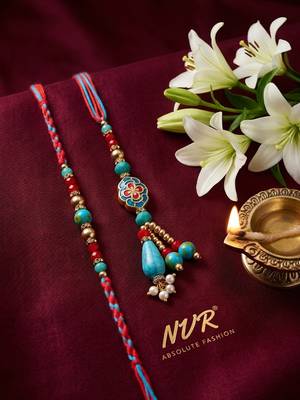 set of 2 multicolor artificial beads bhaiya bhabhi thread rakhi with roli chawal 1