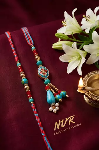 set of 2 multicolor artificial beads bhaiya bhabhi thread rakhi with roli chawal
