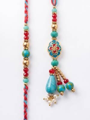 set of 2 multicolor artificial beads bhaiya bhabhi thread rakhi with roli chawal 2