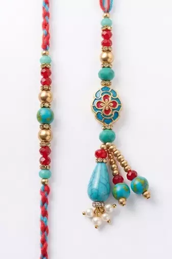 set of 2 multicolor artificial beads bhaiya bhabhi thread rakhi with roli chawal