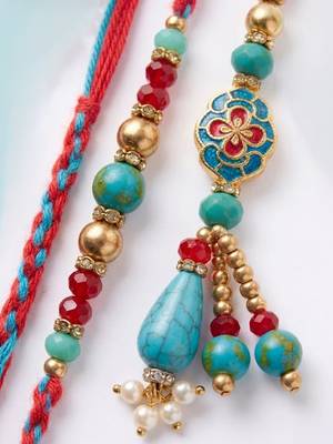 set of 2 multicolor artificial beads bhaiya bhabhi thread rakhi with roli chawal 3