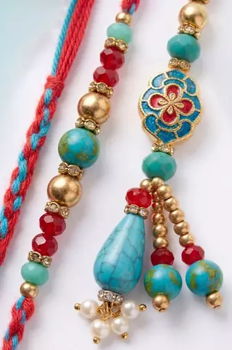 set of 2 multicolor artificial beads bhaiya bhabhi thread rakhi with roli chawal