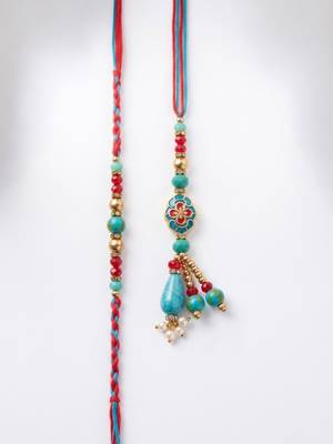set of 2 multicolor artificial beads bhaiya bhabhi thread rakhi with roli chawal 4