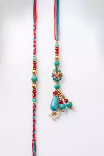 set of 2 multicolor artificial beads bhaiya bhabhi thread rakhi with roli chawal