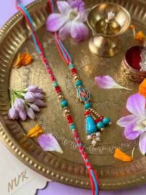 set of 2 multicolor artificial beads bhaiya bhabhi thread rakhi with roli chawal 5