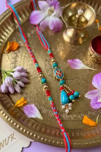 set of 2 multicolor artificial beads bhaiya bhabhi thread rakhi with roli chawal
