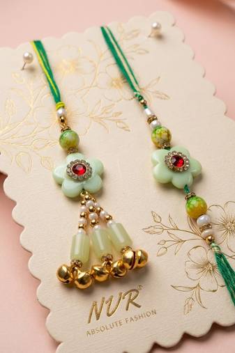 set of 2 flower shape artificial stones & beads bhaiya bhabhi rakhi with roli chawal