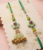 set of 2 flower shape artificial stones & beads bhaiya bhabhi rakhi with roli chawal
