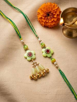 set of 2 flower shape artificial stones & beads bhaiya bhabhi rakhi with roli chawal 2