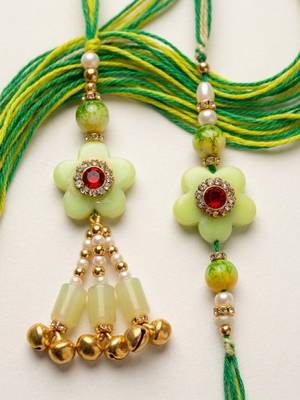set of 2 flower shape artificial stones & beads bhaiya bhabhi rakhi with roli chawal 3
