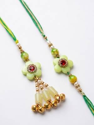 set of 2 flower shape artificial stones & beads bhaiya bhabhi rakhi with roli chawal 4