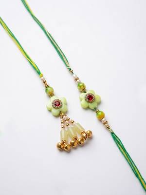 set of 2 flower shape artificial stones & beads bhaiya bhabhi rakhi with roli chawal 5