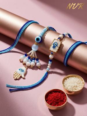 set of 2 evil eye hand design bhaiya bhabhi rakhi with roli chawal chandan mishri 1