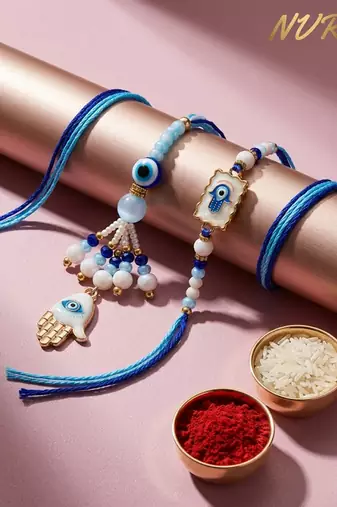 set of 2 evil eye hand design bhaiya bhabhi rakhi with roli chawal chandan mishri