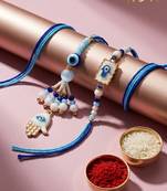 set of 2 evil eye hand design bhaiya bhabhi rakhi with roli chawal chandan mishri