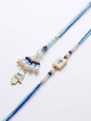 set of 2 evil eye hand design bhaiya bhabhi rakhi with roli chawal chandan mishri 4