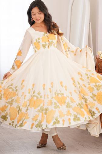 Women's Gorgeous Printed Work Organza Silk Fabric Flared Anarkali Pant and Dupatta Set