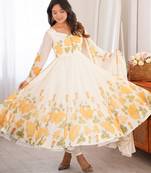 Women's Gorgeous Printed Work Organza Silk Fabric Flared Anarkali Pant and Dupatta Set