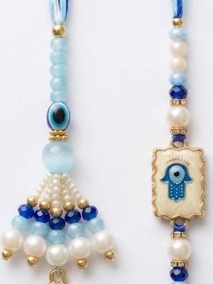 set of 2 evil eye hand design bhaiya bhabhi rakhi with roli chawal chandan mishri 5