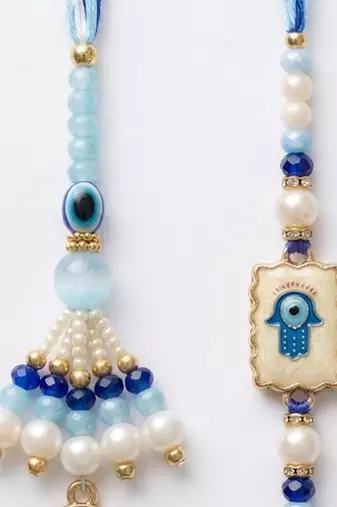 set of 2 evil eye hand design bhaiya bhabhi rakhi with roli chawal chandan mishri