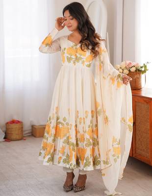 Women's Gorgeous Printed Work Organza Silk Fabric Flared Anarkali Pant and Dupatta Set 3