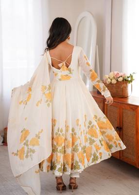 Women's Gorgeous Printed Work Organza Silk Fabric Flared Anarkali Pant and Dupatta Set 4