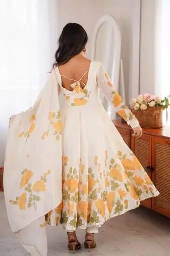 Women's Gorgeous Printed Work Organza Silk Fabric Flared Anarkali Pant and Dupatta Set