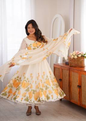 Women's Gorgeous Printed Work Organza Silk Fabric Flared Anarkali Pant and Dupatta Set 5