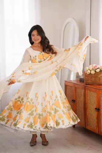 Women's Gorgeous Printed Work Organza Silk Fabric Flared Anarkali Pant and Dupatta Set