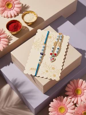 set of 2 evil eye beaded gold toned bhaiya bhabhi rakhi with roli chawal chandan 5
