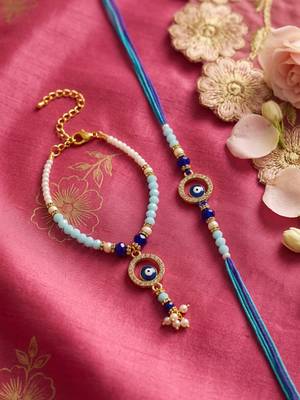 set of 2 blue evil eye gold toned beaded bhaiya bhabhi rakhi with roli chawal chandan 1