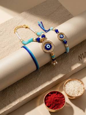 set of 2 blue evil eye gold toned beaded bhaiya bhabhi rakhi with roli chawal chandan 2