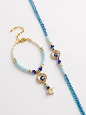 set of 2 blue evil eye gold toned beaded bhaiya bhabhi rakhi with roli chawal chandan 4