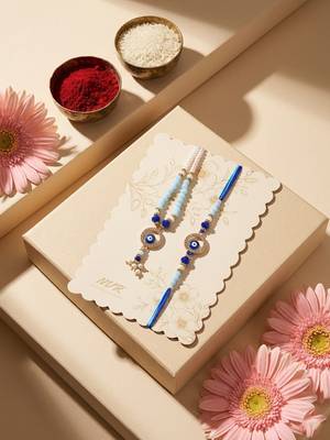 set of 2 blue evil eye gold toned beaded bhaiya bhabhi rakhi with roli chawal chandan 5