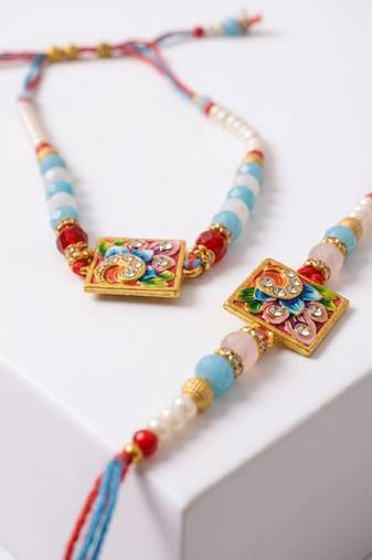 set of 2 multicolor artificial beads bhaiya bhabhi rakhi with roli chawal chandan